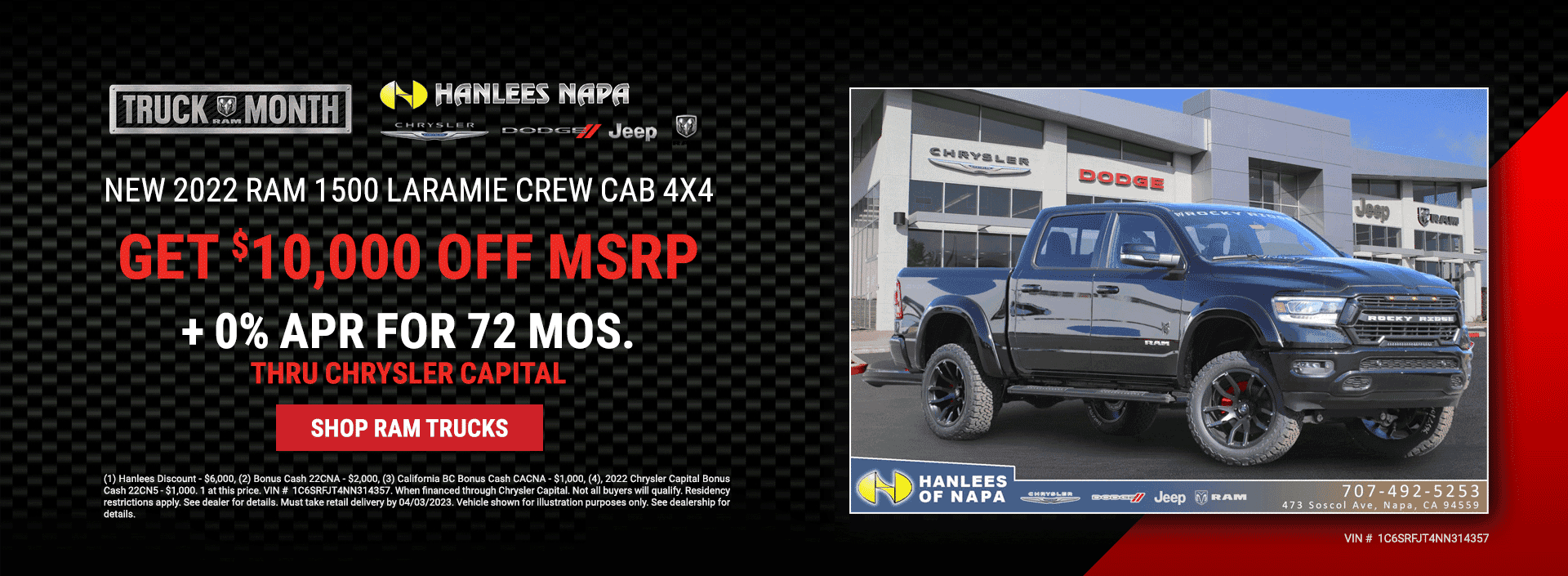 Get up to $10,000 off MSRP and 0% APR for 72 months on a New 2022 Ram 1500 Laramie Crew Cab 4x4