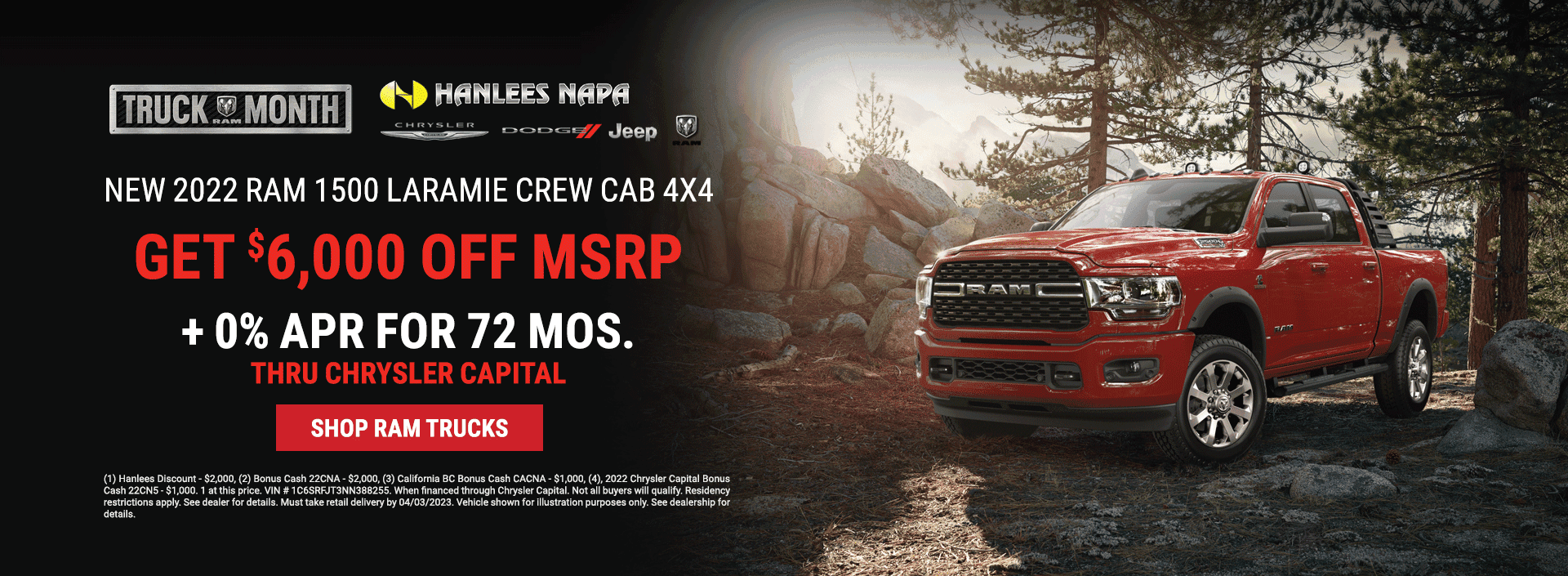 Get up to $6,000 off MSRP and 0% APR for 72 months on a New 2022 Ram 1500 Laramie Crew Cab 4x4