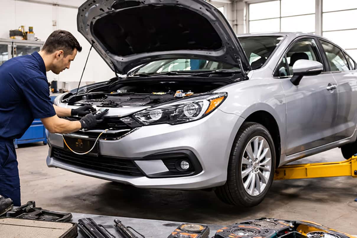 Mechanic working on car engine