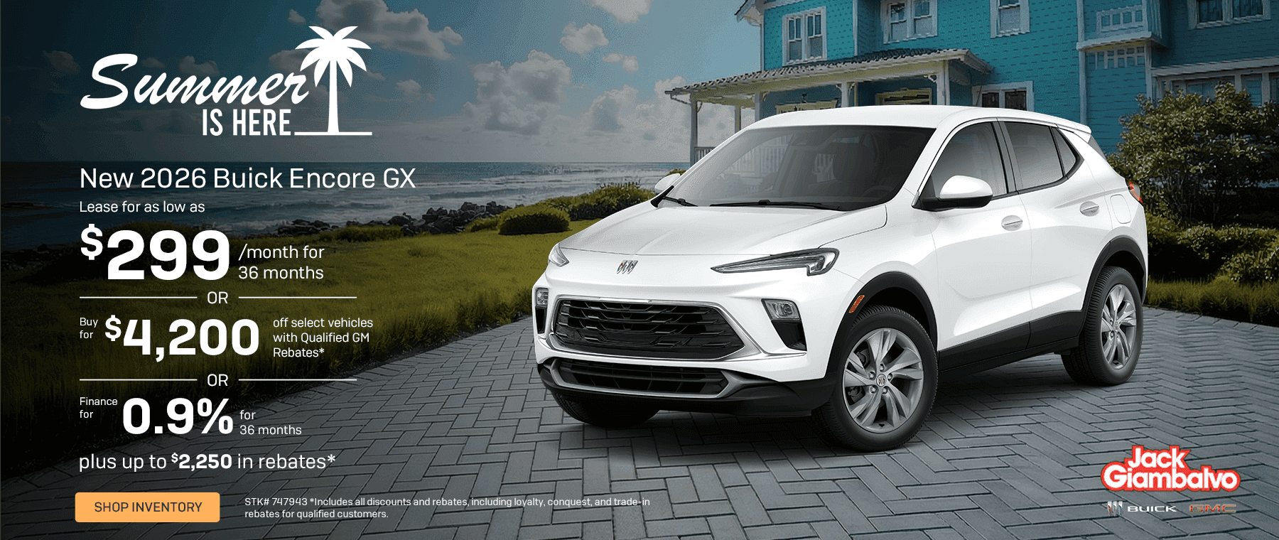 New 2026 Buick Encore Subtext Lease for as low as $299/month for 36 months -or- Buy for $4,200 off select vehicles with Qualified GM Rebates* -or- Finance for 0.9% for 36 months plus up to $2,250 in rebates*