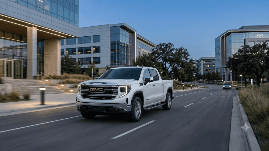 White GMC Sierra 1500 truck driving down a modern corporate campus road.