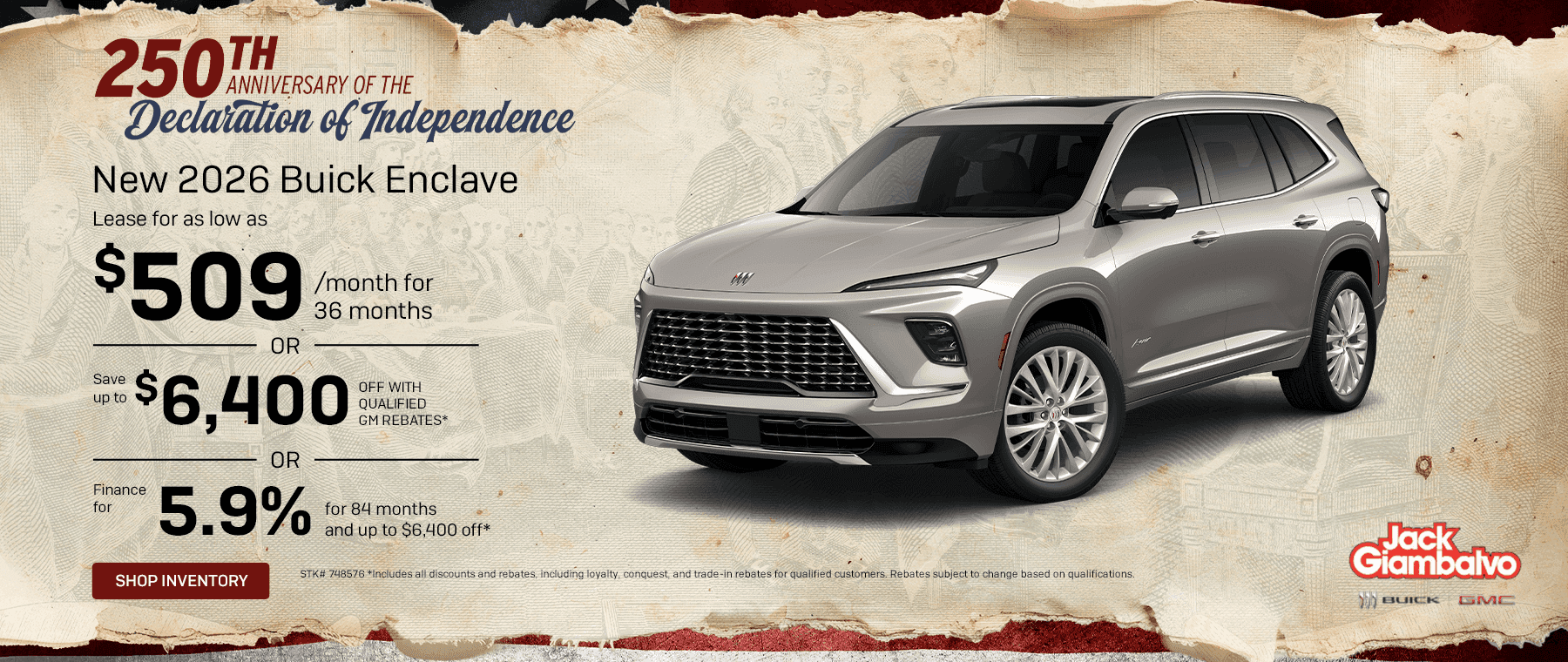 New 2026 Buick Enclave Subtext: Lease as low as $509/month for 36 months -or- Save up to $6,400 off with Qualified GM Rebates* -or- Finance for 5.9% for 84 months and up to $6,400 off*