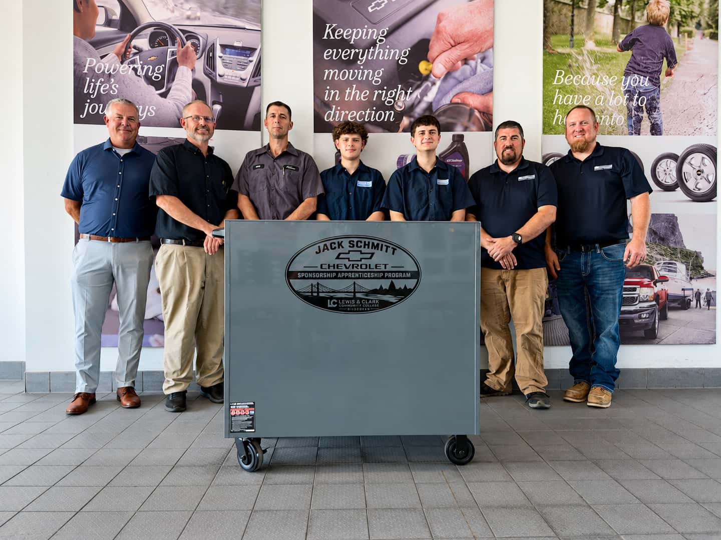 Jack Schmitt Chevrolet Service Manager Colby Stellhorn with Lewis and Clark Community College staff and automotive technology students at the Wood River dealership