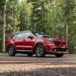 2024 Kia Sorento Hybrid in Red parked by a forest trail.