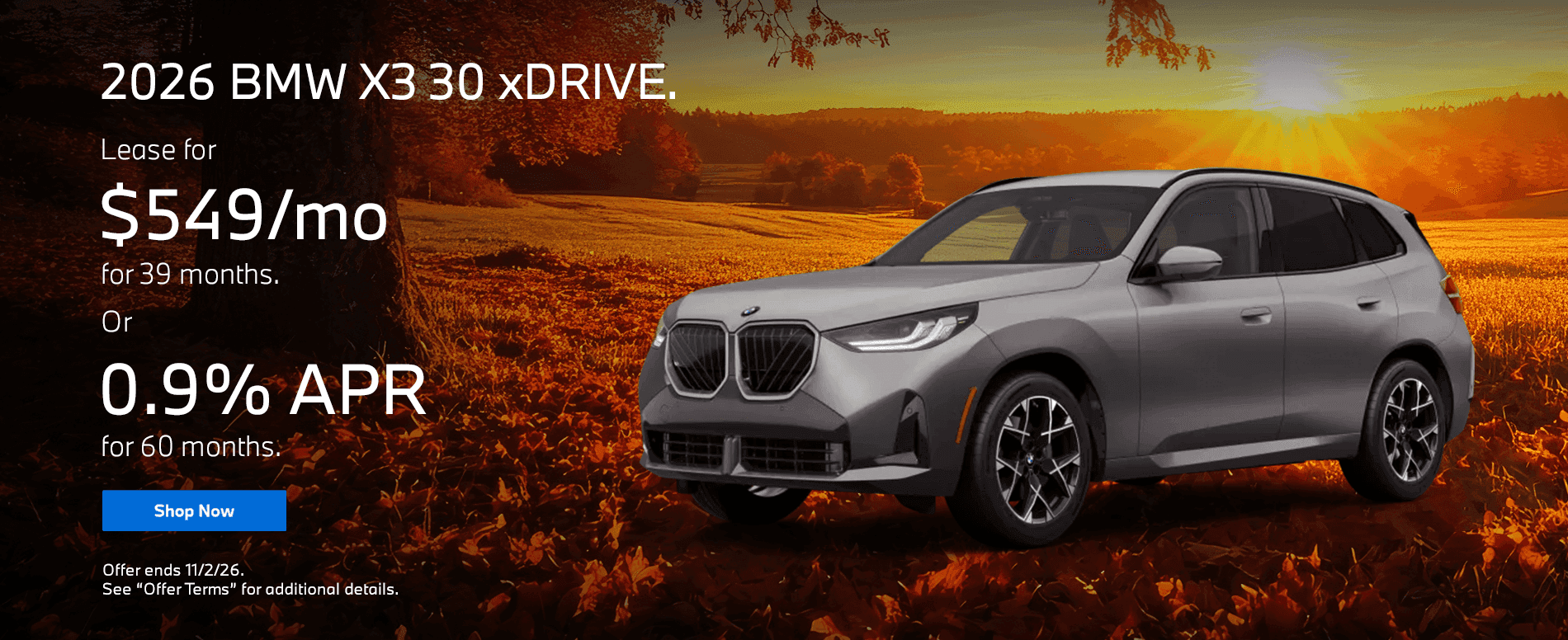2026 BMW X3 30 xDRIVE. Subtext: Lease for $549/mo for 39 Months or 0.9% APR for 60 Months.