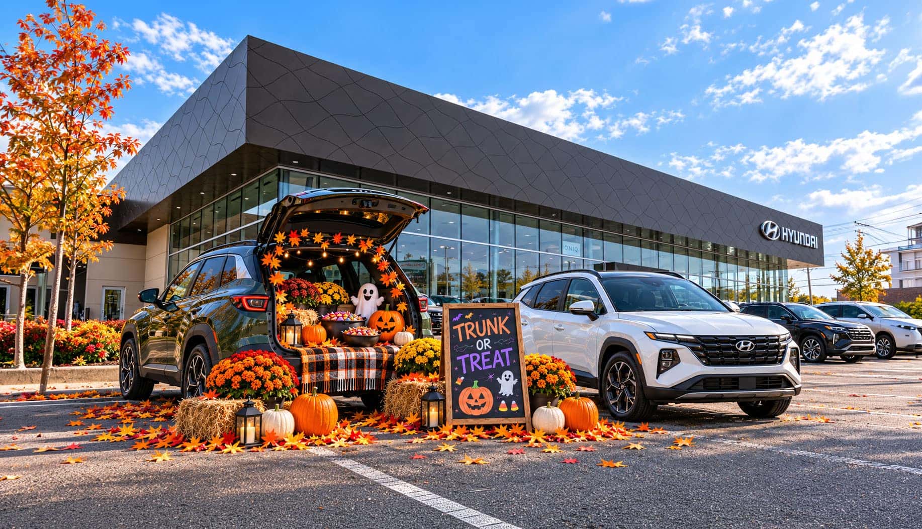 Decorated vehicle trunks with candy and pumpkins at the Napleton Palatine Hyundai trunk or treat