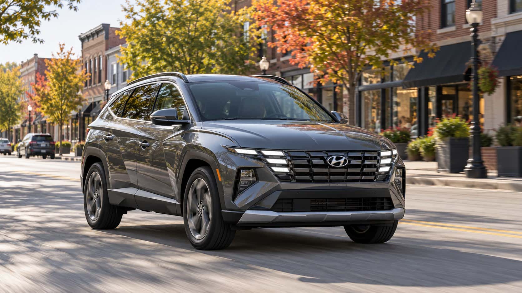 2026 Hyundai Tucson Hybrid on a Chicagoland suburban road near Napleton Palatine Hyundai