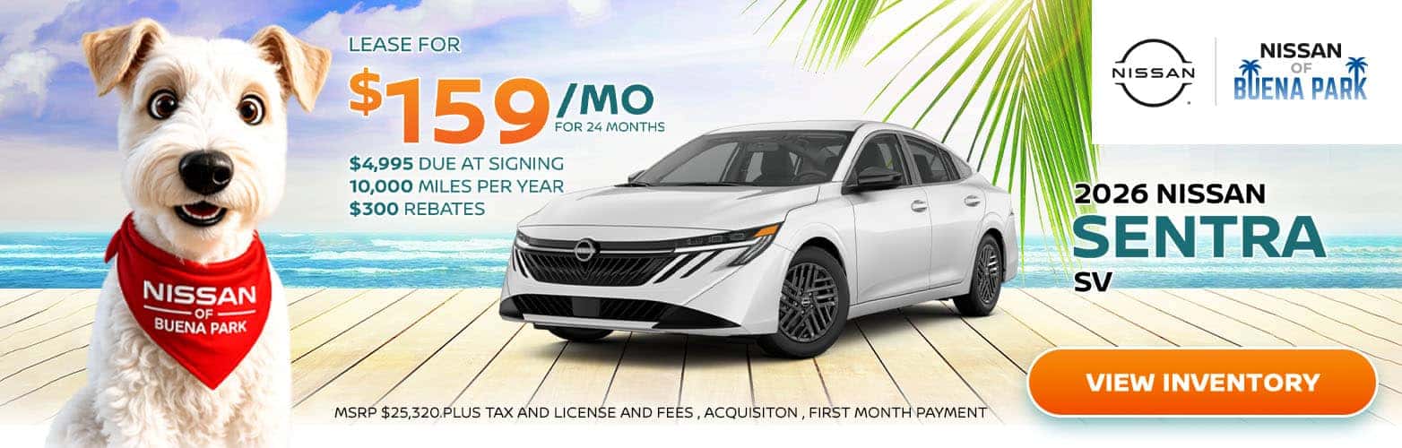 LEASE FOR $159/мo FOR 24 MONTH $4,995 DUE AT SIGNING 10,000 MILES PER YEAR $300 REBATES NISSAN NISSAN BUENA PARK 2026 NISSAN SENTRA SV VIEW INVENTORY