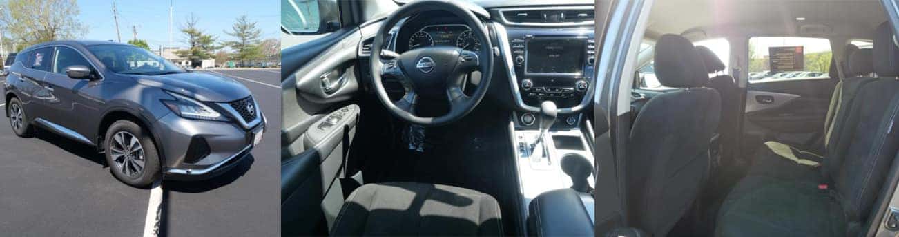 Three images of Murano - Exterior, dashboard, and backseat