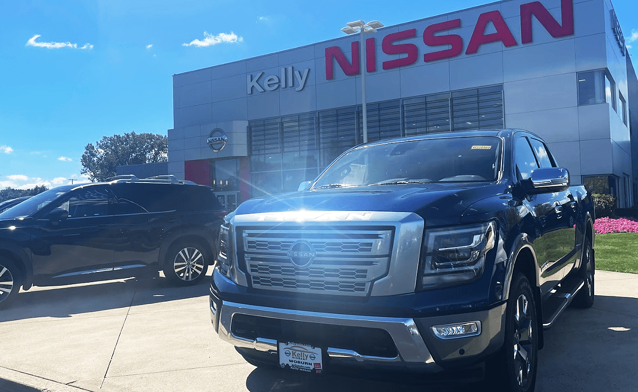 Nissan Titan Truck in front of Kelly Nissan of Woburn Dealership