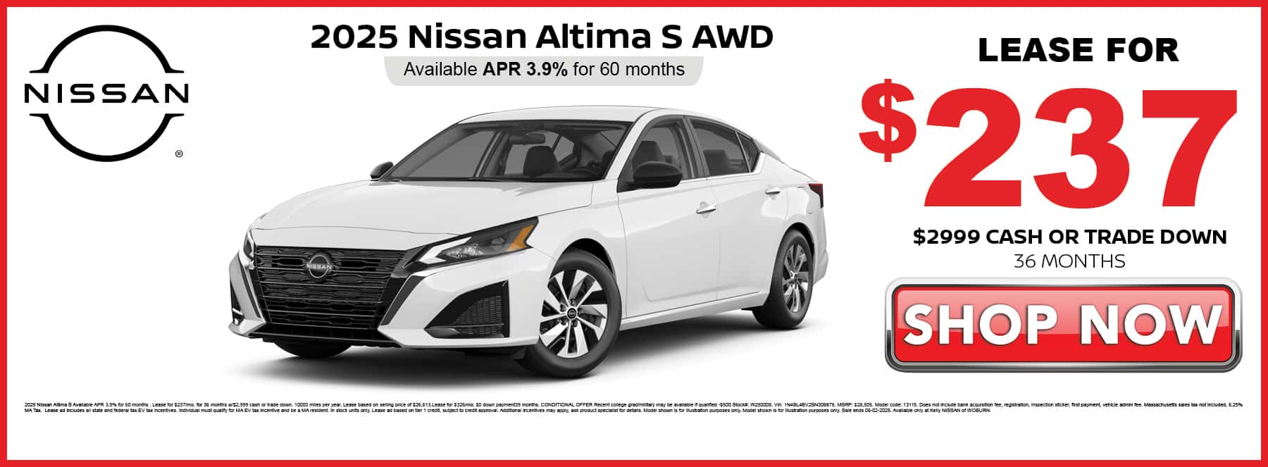 Lease the 2025 Nissan Altima S for $237 per month with $2,999 9cash or trade down for 36 months