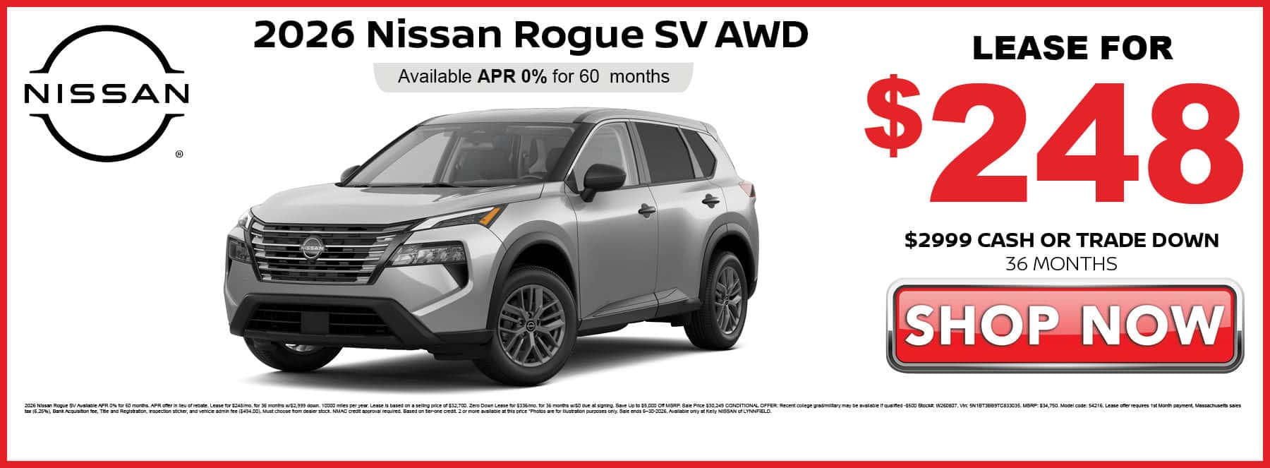 Lease the 2026 Nissan Rogue SV AWD for $248 per month with $2999 down for 36 months