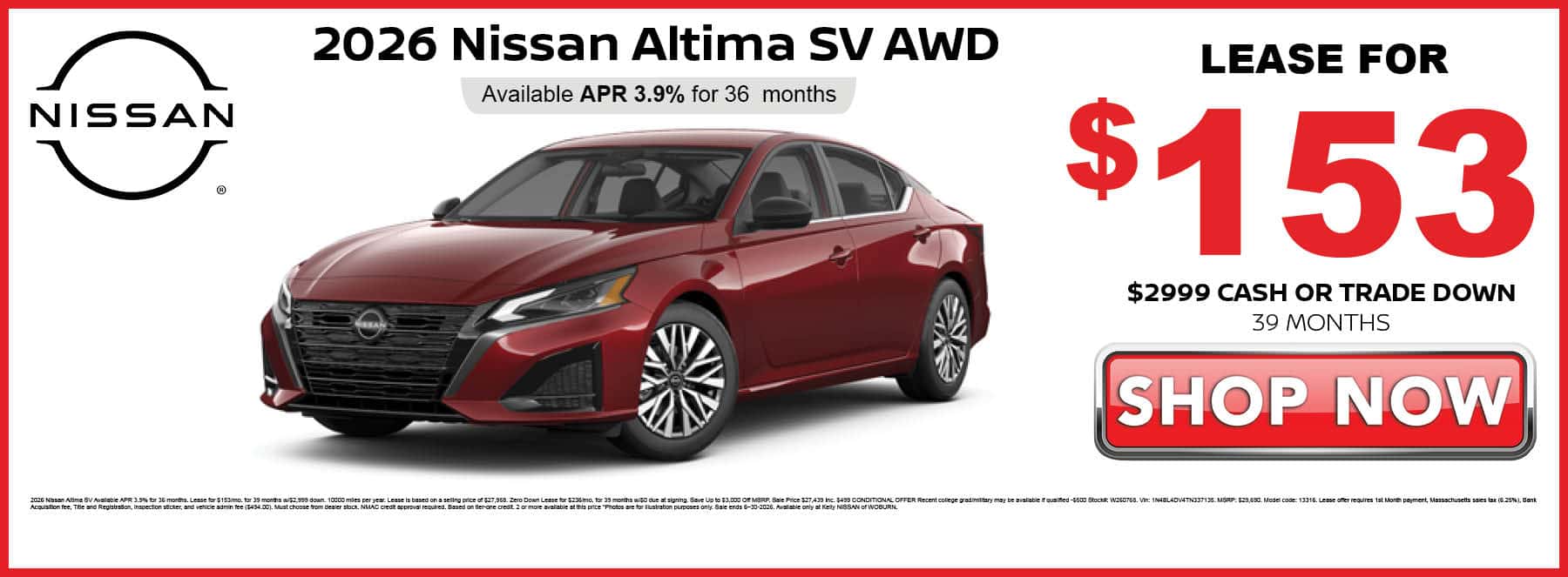 Lease the 2026 Nissan Altima SV for $153 per month