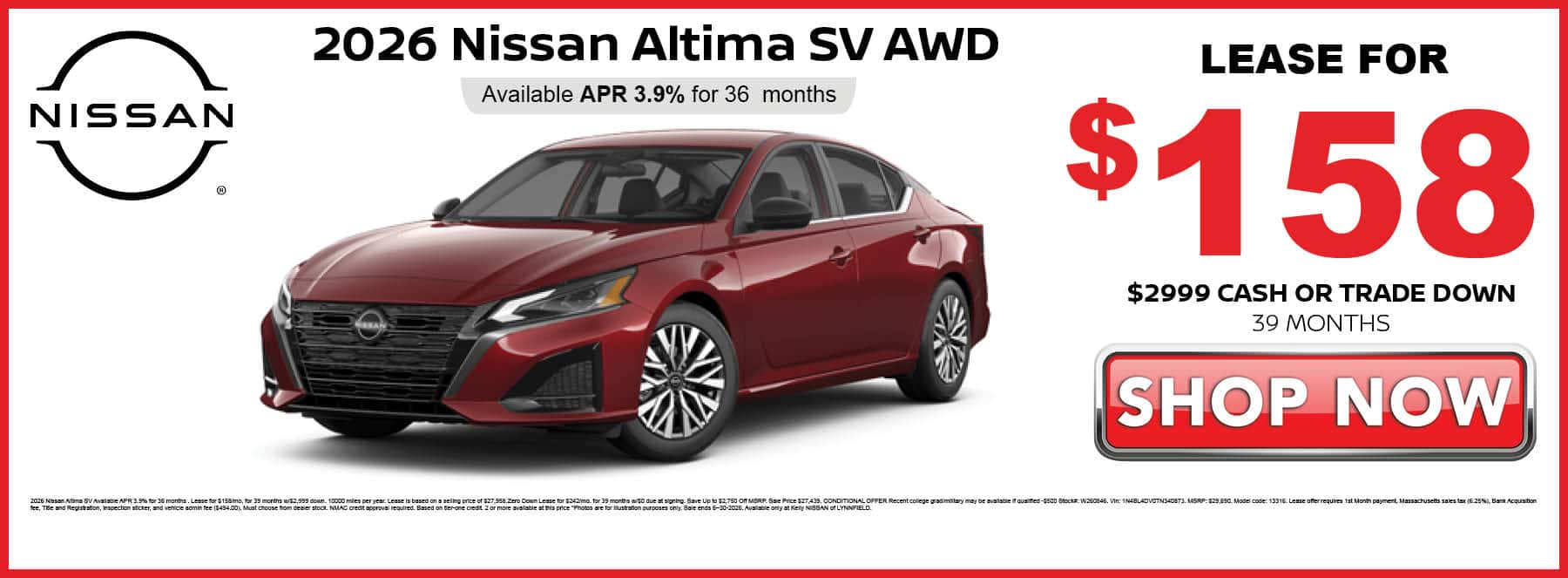 Lease the 2026 Nissan Altima SV for $158 per month