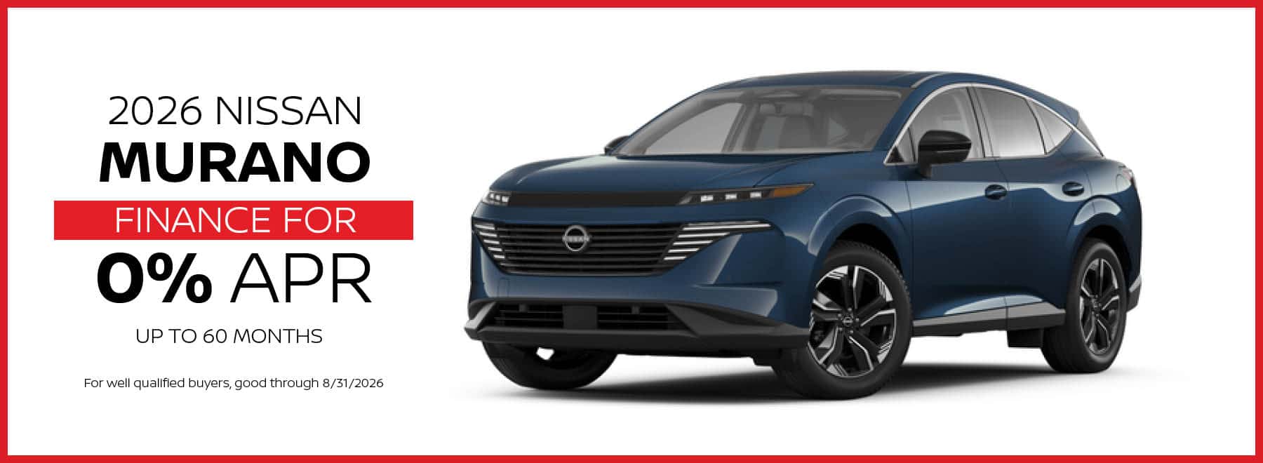 Finance the 2026 Nissan Murano for 0% APR up to 60 months this August (Desktop Web Banner)