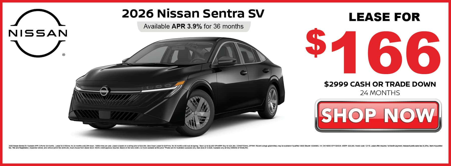 Lease the 2026 Nissan Sentra SV for $166 per month for 36 months with $2999 down