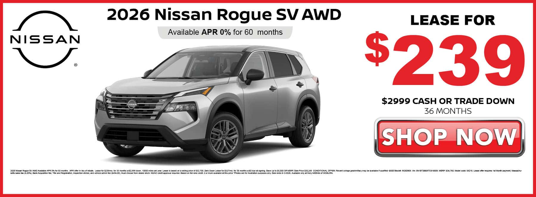 Lease the 2026 Nissan Rogue SV for $239 per month with $2999 down for 36 months