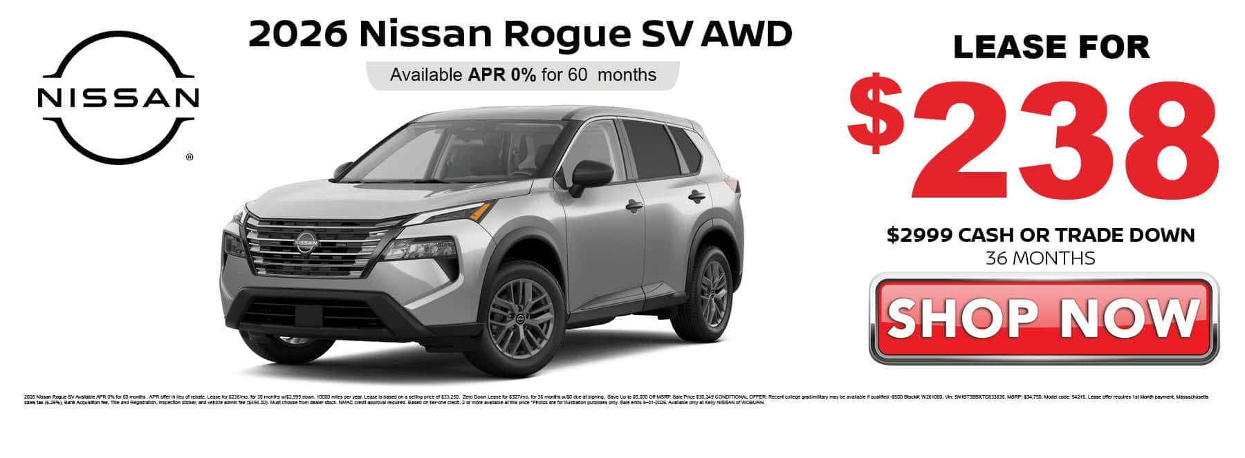 Lease the 2026 Nissan Rogue SV for $238 per month with $2999 down for 36 months