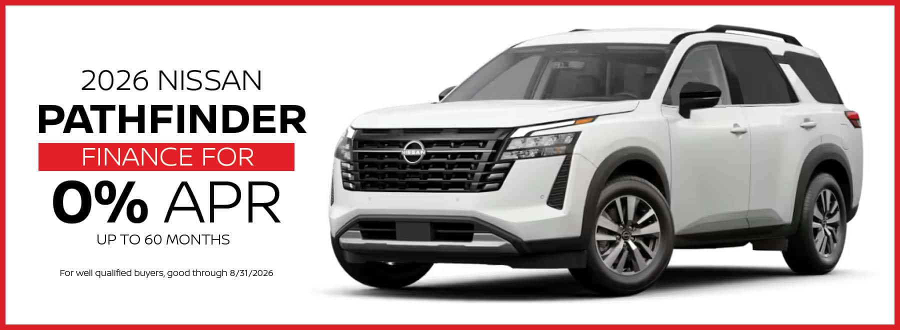 Finance the 2026 Nissan Pathfinder for 0% APR up to 60 months this August (Desktop Web Banner)