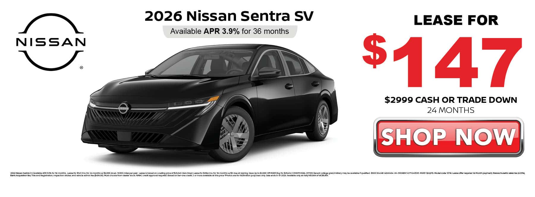 Lease the 2026 Nissan Sentra SV for $147 per month for 24 months with $2999 down