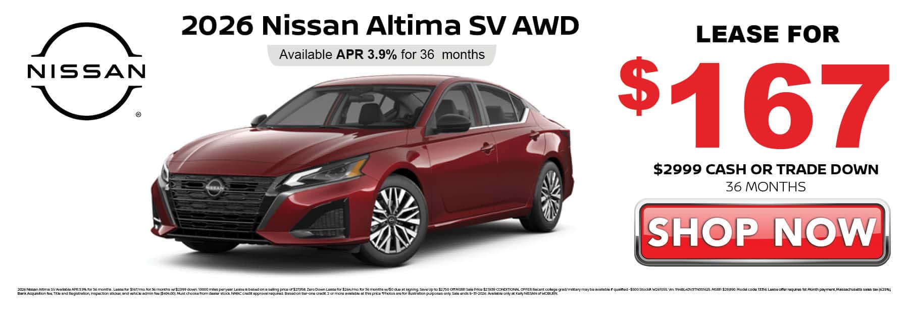 Lease the 2026 Nissan Altima SV AWD for $167 per month with $2999 cash or trade down for 36 months