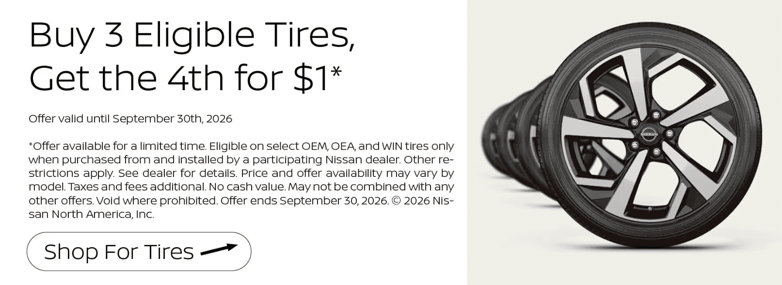 Buy 3 Eligible Tires Get the 4th for $1 at Kelly Nissan of Woburn Web Banner