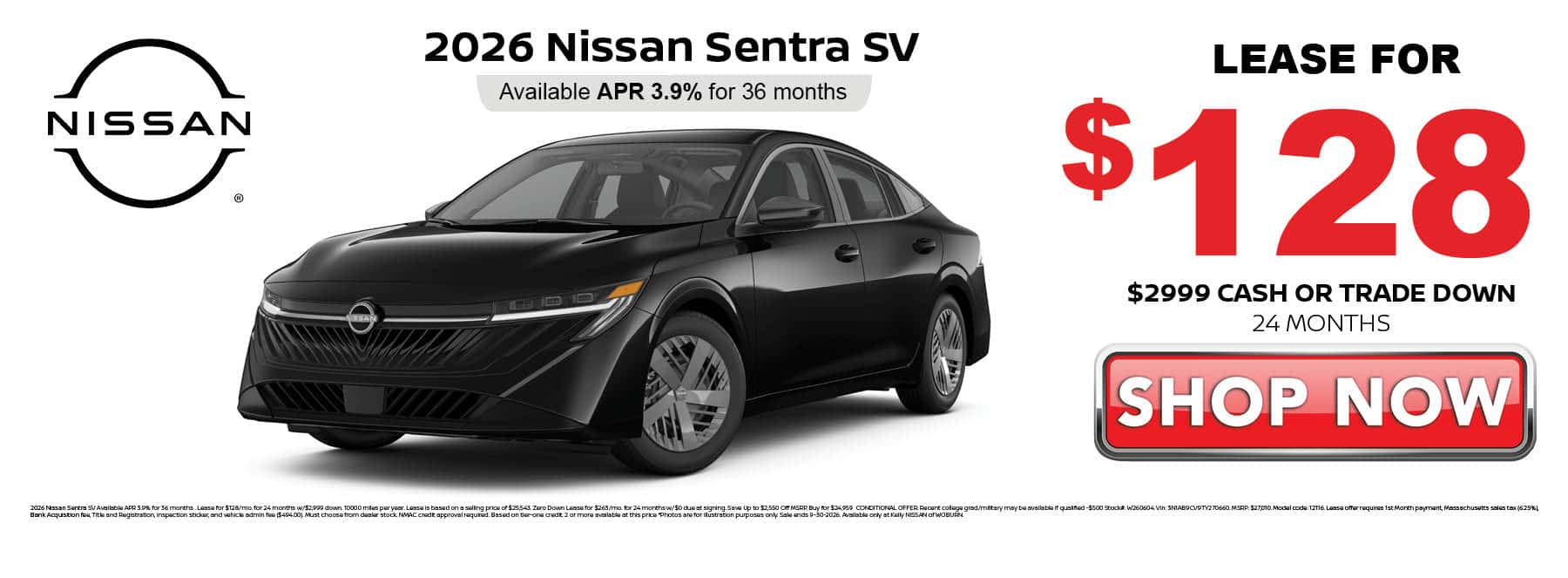 Lease the 2026 Nissan Sentra SV for $128 per month for 24 months with $2999 down