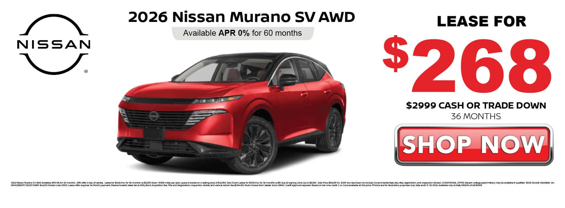Lease the 2026 Nissan Murano SV AWD for $268 per month with $2999 down for 36 months