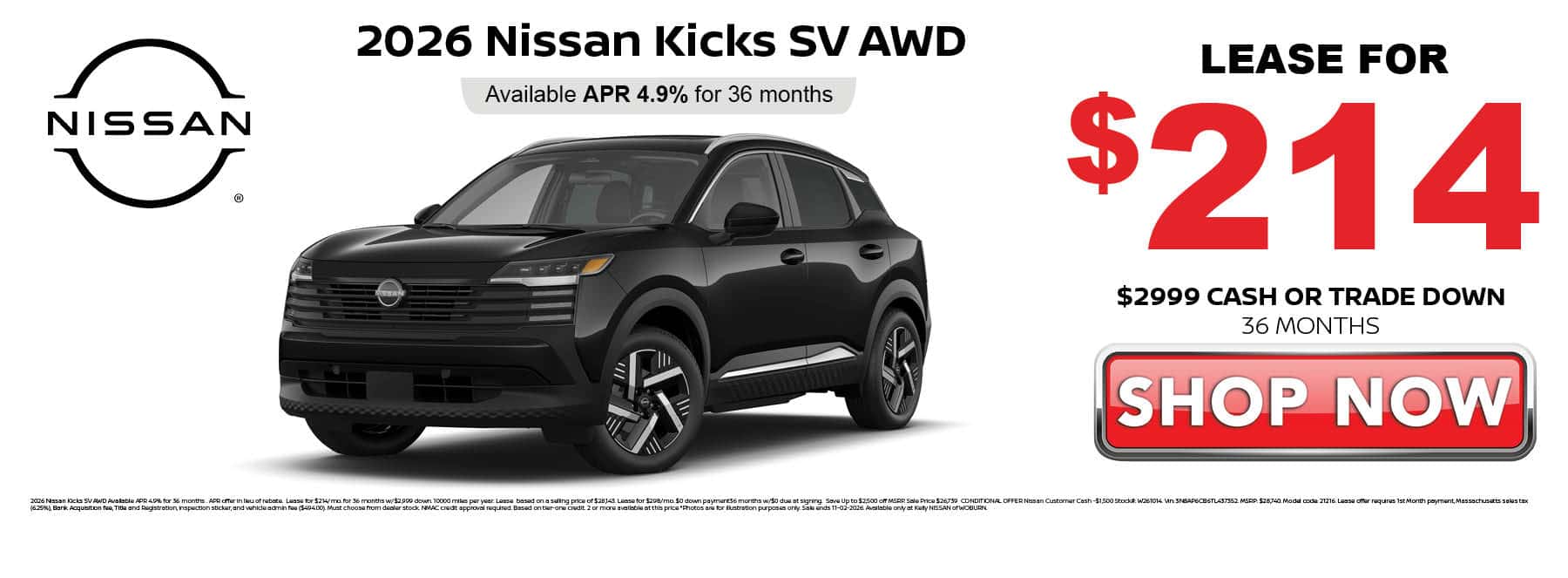 Lease the 2026 Nissan Kicks SV AWD for $214 per month with $2999 down for 36 months