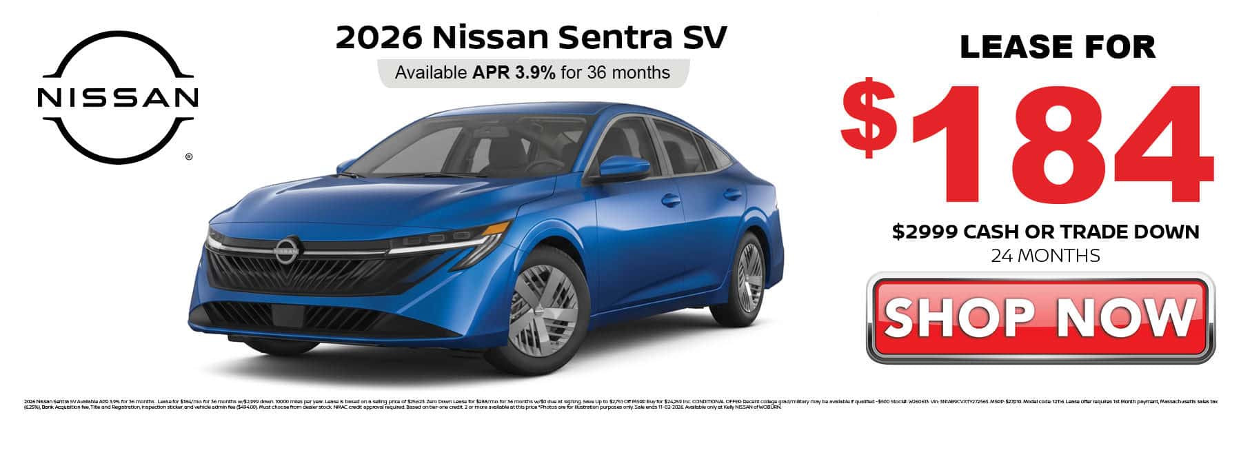 Lease the 2026 Nissan Sentra SV for $184 per month for 24 months with $2999 down