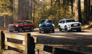 2024 Toyota Sequoia Capstone 4WD shown in Supersonic Red, * Platinum 4WD shown in Blueprint, and TRD Pro shown in Ice Cap near Mandeville