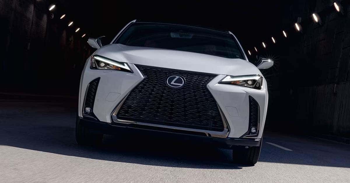 Front view of a white Lexus UX Hybrid