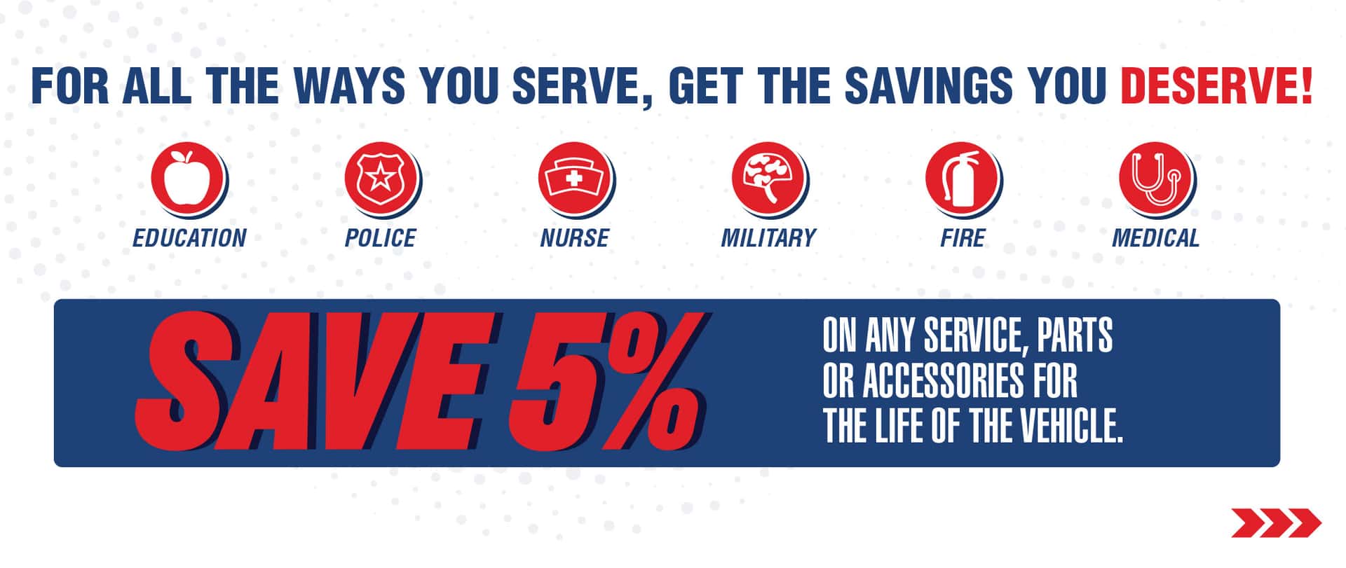 For all the ways you serve, get the savings you deserve. Save 5 % on any service, parts or accessories for the life of the vehicle.
