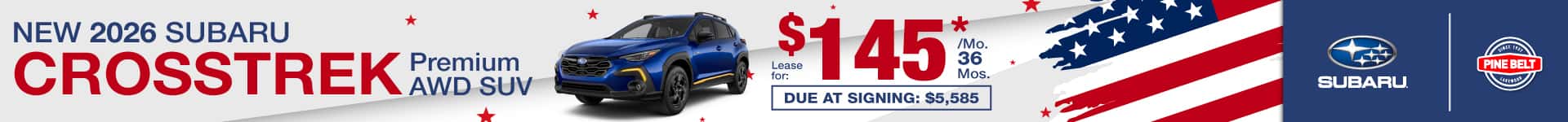 New 2026 Subaru Crosstrek lease for $145 per month for 36 months with $5,585 due at signing