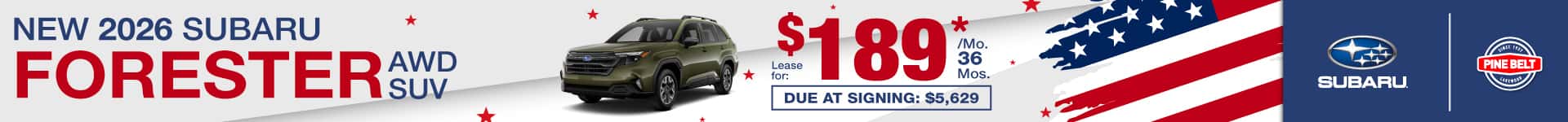 New 2026 Subaru Forester lease for $189 per month for 36 months with $5,629 due at signing