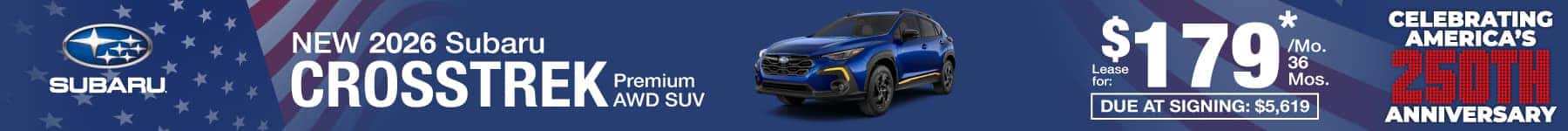 New 2026 Subaru Crosstrek lease for $179 per month for 36 months with $5,619 due at signing