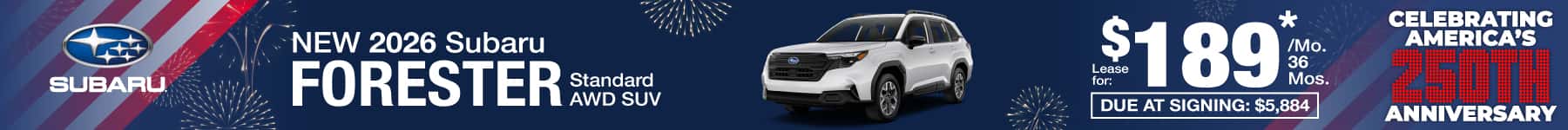 New 2026 Subaru Forester lease for $189 per month for 36 months with $5,884 due at signing