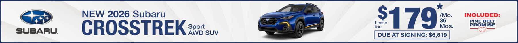 New 2026 Subaru Crosstrek lease for $179 per month for 36 months with $6,619 due at signing