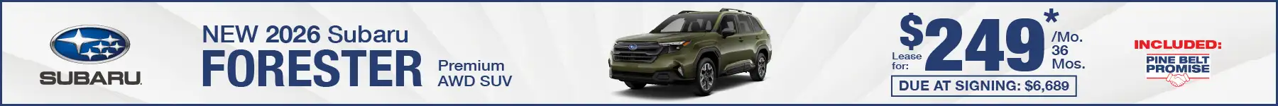 New 2026 Subaru Forester lease for $249 per month for 36 months with $6,689 due at signing