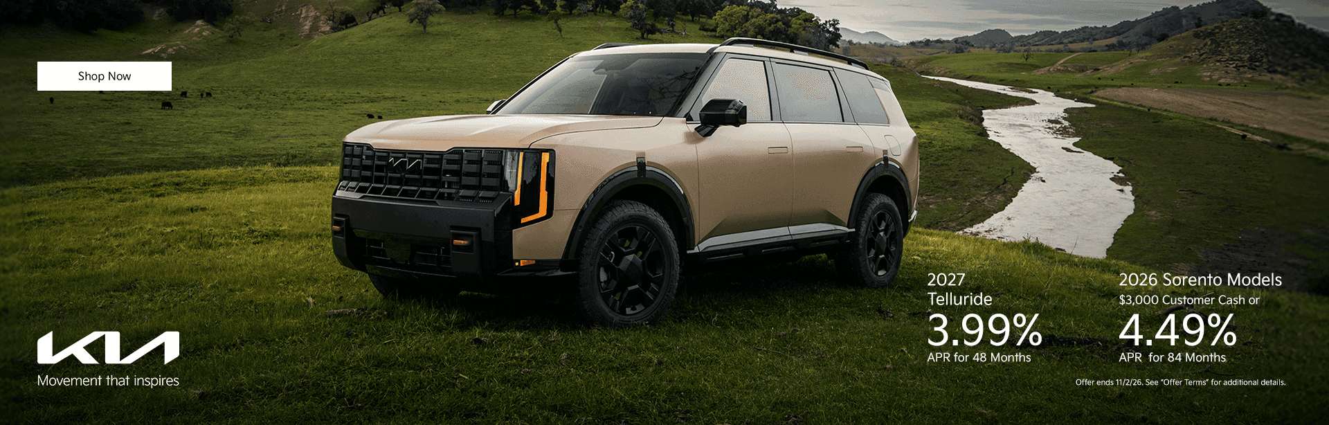 Headline 2027 Telluride Models 3.99% APR for 48 Months Subtext 2026 Sorento Models $3,000 customer cash or 4.49% APR for 84 Months