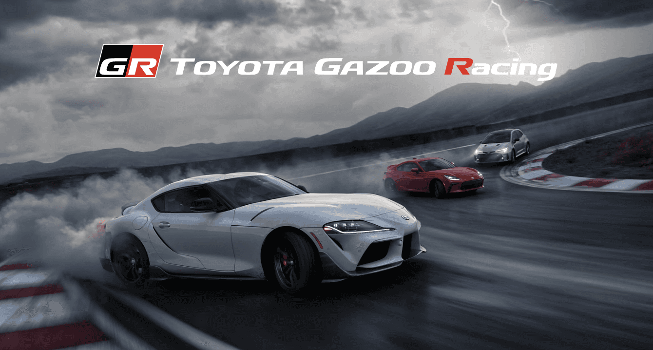 GR Supra A91-CF Edition shown in Absolute Zero, GR86 Premium shown in Track bRED,* and GR Corolla Circuit Edition shown in Heavy Metal. Prototype vehicles shown using visual effects and depicting Vehicle Stability Control (VSC) * off. Professional drivers on closed course. Do not attempt.