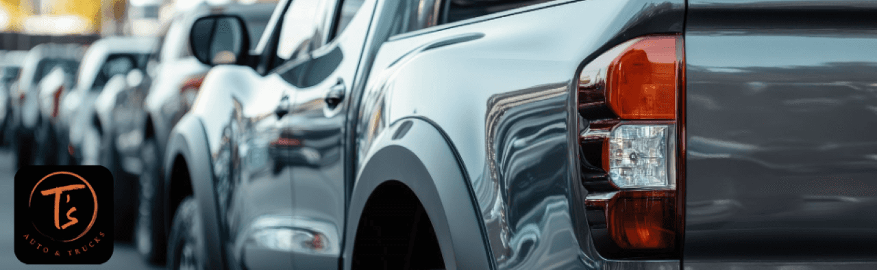 A 4x4 Chevy Silverado and Ford F-150 available for test drives at T’s truck dealership in Nebraska.