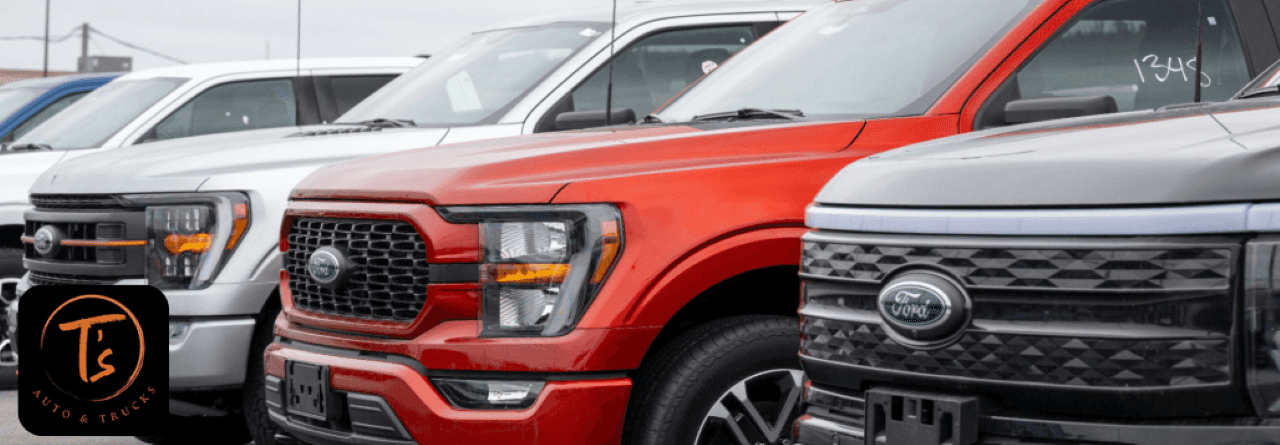 Row of Ford F-150 trucks parked at T’s Auto & Truck Sales dealership in Omaha, NE