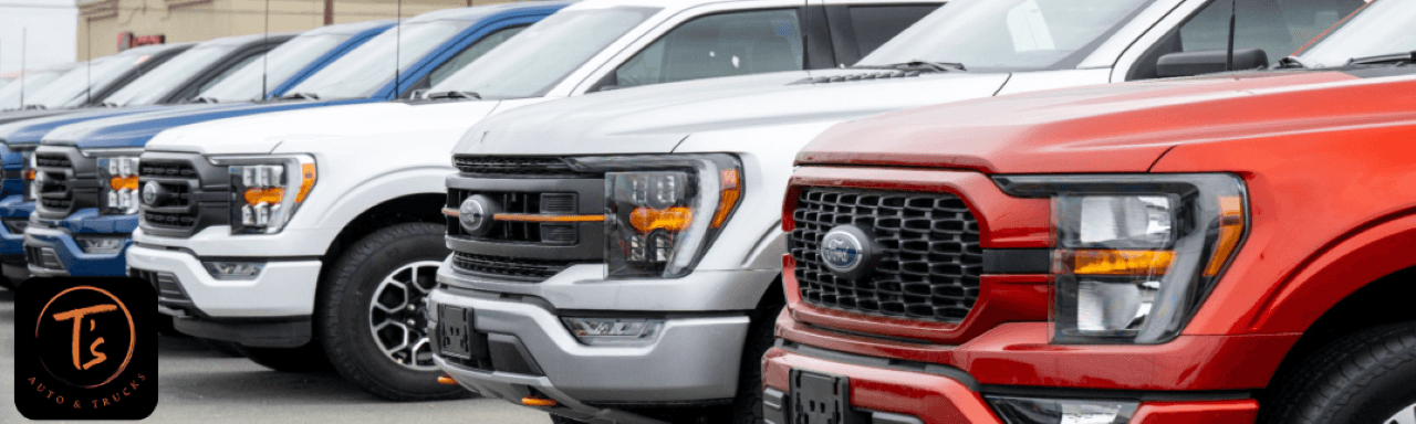 Used diesel trucks lined up at T’s Auto & Truck Sales in Omaha, ready for work or play