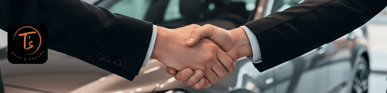 Local car buyer shaking hands with seller after receiving a same-day cash offer at T’s Auto and Truck Sales in Omaha