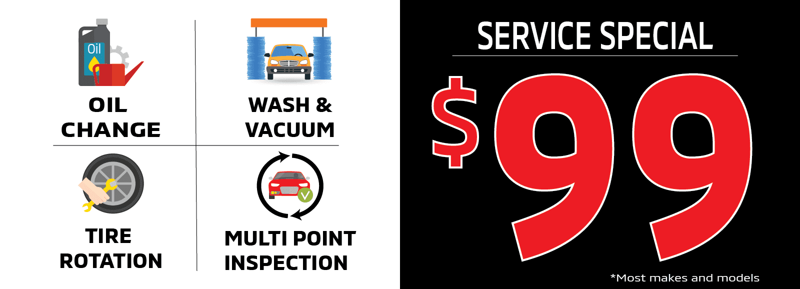 $99 Service Special at Yokem Mitsubishi featuring oil change, tire rotation, wash & vacuum, and multi-point inspection.